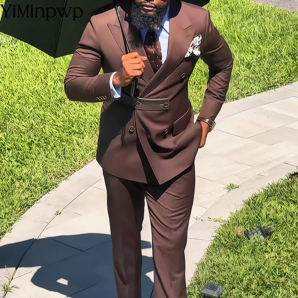 

YiMinpwp Brown Men's Suits 2 Piece Satin Formal Business Suit for Men New Groom Wedding Slim Fit Suit Jacket+Pants XS-5XL