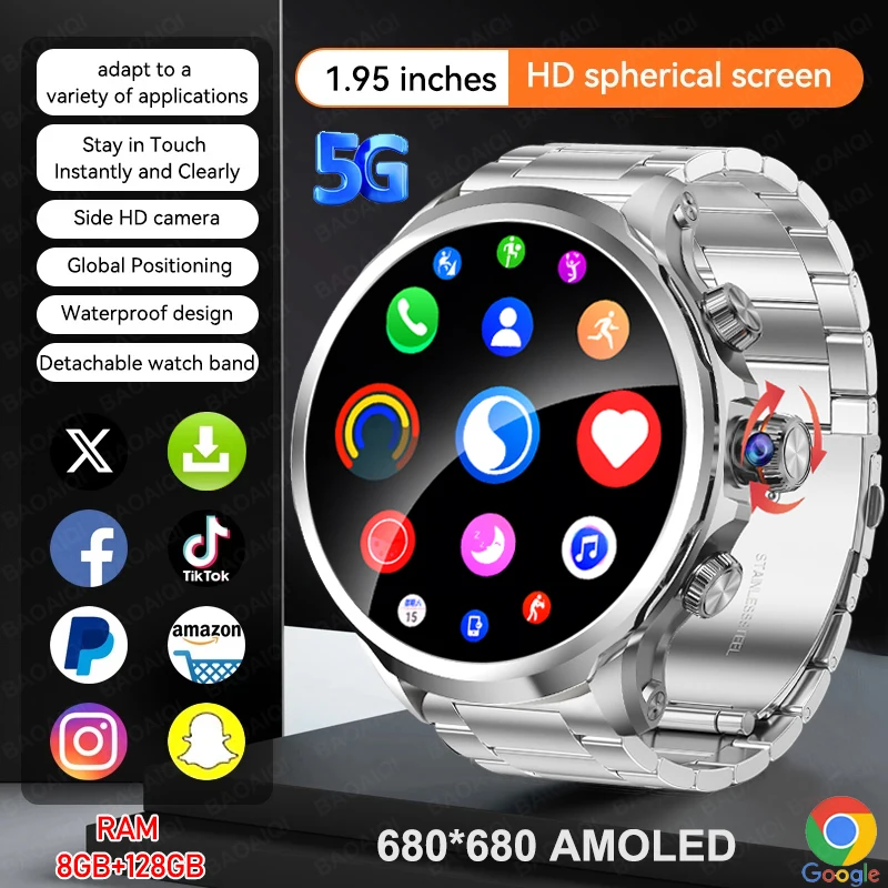 

4G/5G SIM Card Smart Watch Men 1.95 inch 680*680 AMOLED Screen 8GB+128GB RAM 900W Camera GPS WIFI Google APP Download Smartwatch