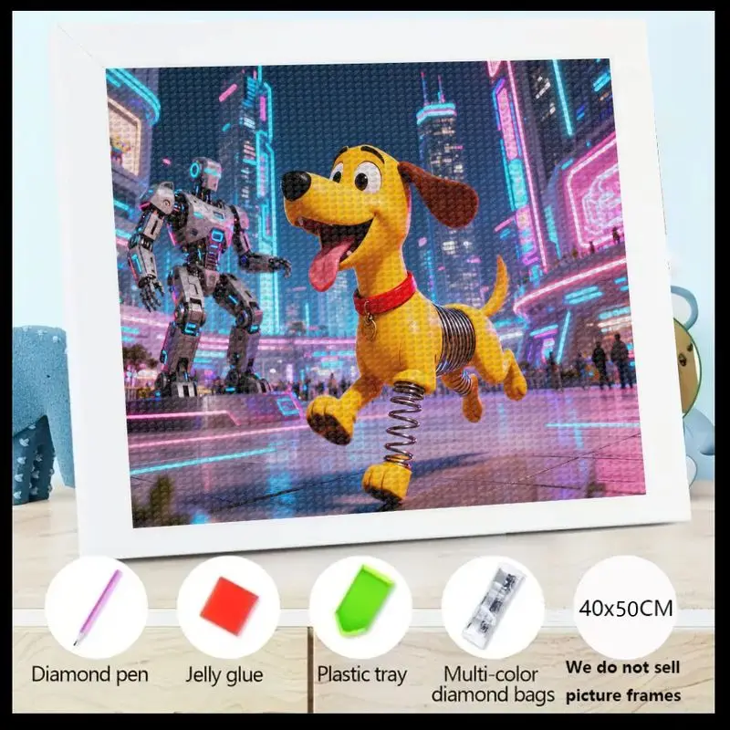 

1PC 5D DIY Diamond Painting Kit, Vibrant Cartoon Spring Dog & Robot in Futuristic City Landscape, Full Drill Crystal Art Craft,