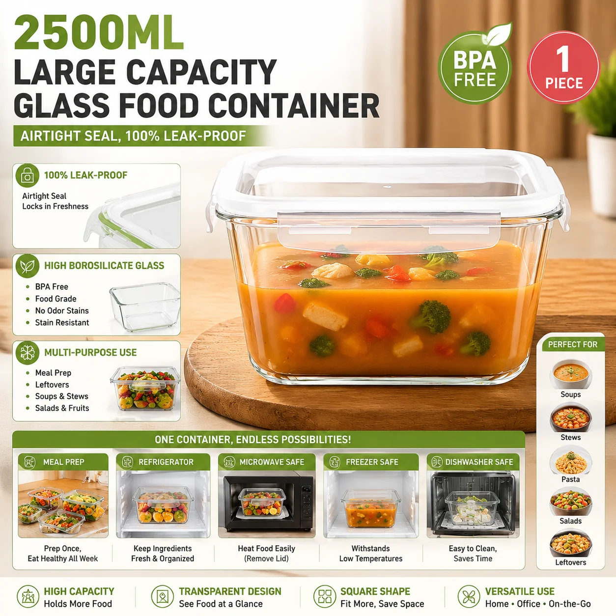 Meal Prep Glass - 2500ml Large Glass Food Storage Container