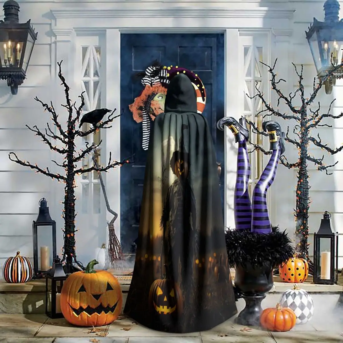 هالوين اليقطين الفزاعة طويلة مقنعين عباءة الساحرة القرون الوسطى زي تأثيري كيب HalloweenParty الكبار للجنسين