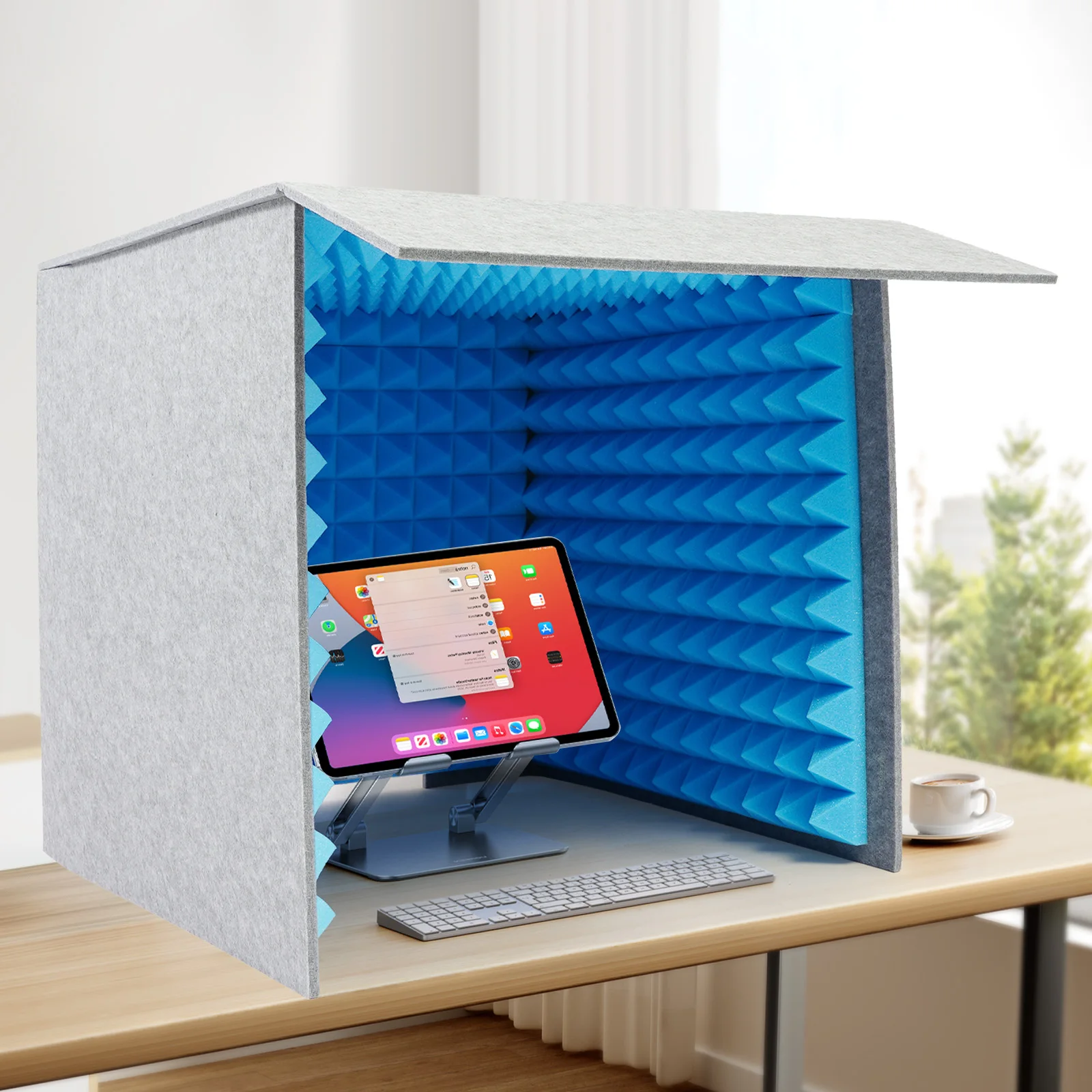Foldable Desktop Soundproof Shield, 60cm Size Vocal Recording Booth, 50mm Sponge Studio Vocal Filter, Acoustic Isolation Screen, Portable Mic Enclosure, Home Podcast Booth, Tabletop Sound Absorbing Cover, Gray Blue Recording Shield view 7
