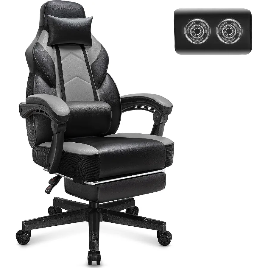 Silla de juego para adultos, silla de ordenador con reposapiés, silla para videojuegos diseñada para personas de talla grande, con respaldo lumbar con función de masaje y tejido de malla gris.