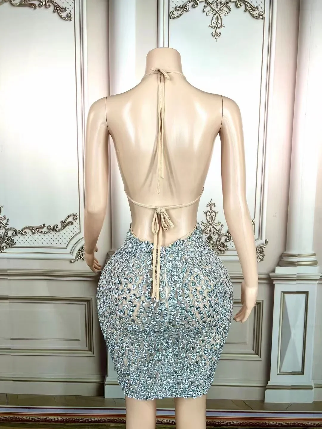 Vrouwen Sparkly Sexy Zilveren Strass Jurk DS DJ Zomer Banket Diner Dating Nachtclubzangeres Stadium Slijtage Koningin 2026 Outfit