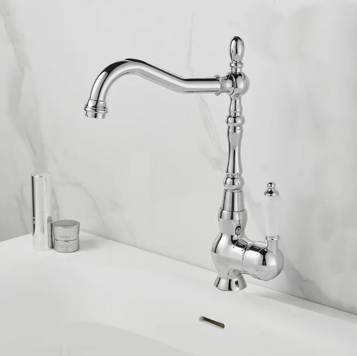 brass European-style basin faucet, imitation vintage hot and cold water faucet with single hole, rotating basin faucet
