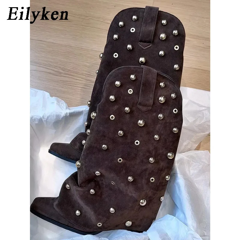 Eilyken Winter Rivet Pleated Mid Calf High Boots Women Retro Pointed Toe Square Heels Designer Comfortable Light Botas Mujer
