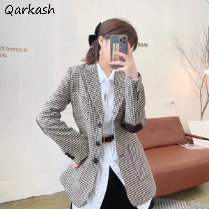 

S-5XL Blazers Women Houndstooth Design Slim Fit All-match Elegant Office Lady Fashion Pockets Notched Autumn Daily Temperament