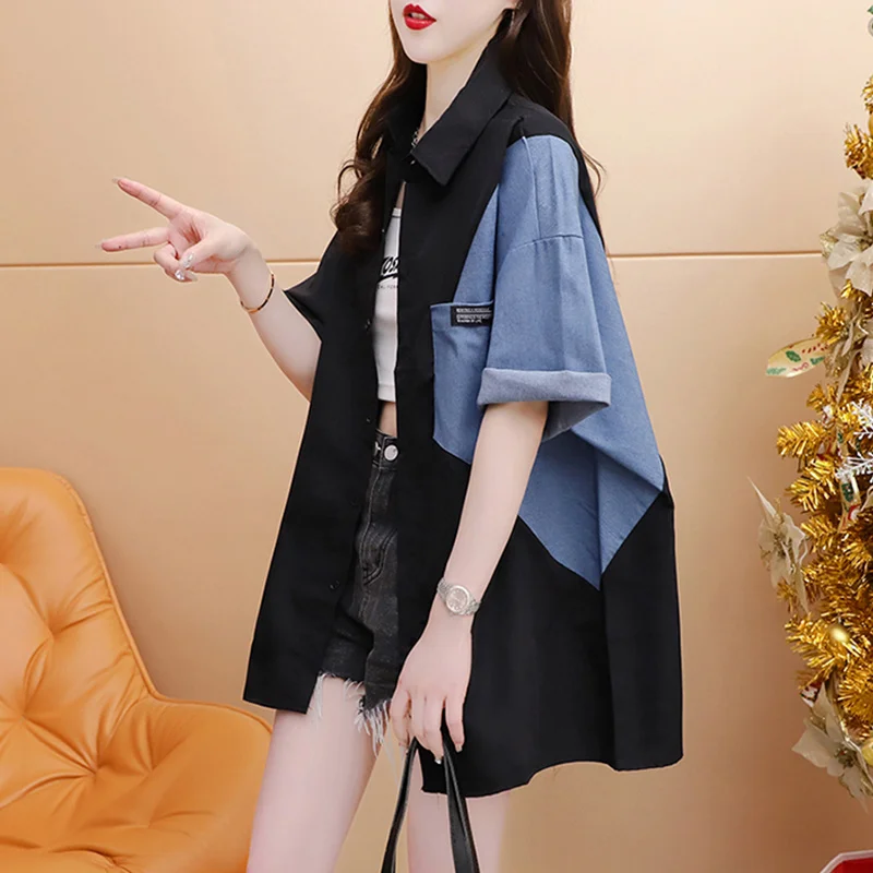 

Women's Mid-Length Denim Patchwork Short Sleeve Shirt Summer Sun Protection New Fashionable Casual Top Jacket