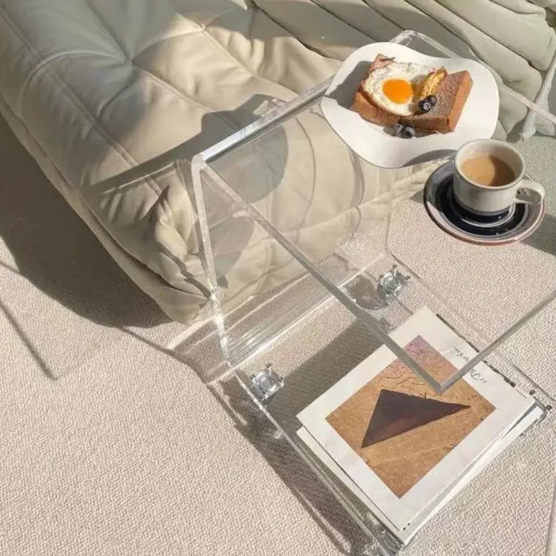 Movable transparent Nordic bedside square coffee table sofa living room trolley with wheels