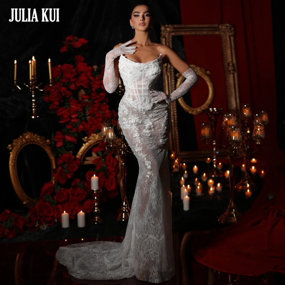 

Julia Kui Beauty Boat Neck Pleats Mermaid Wedding Dress Beading Appliques Lace Vestido De Noiva Trumpet Bridal Gowns