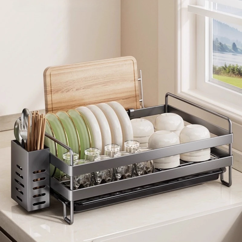 

304 Stainless Steel Cutlery Holder Countertop Drain Tray Rack Pull-out Tray Dish Drying Rack Large Capacity Sink Organizer