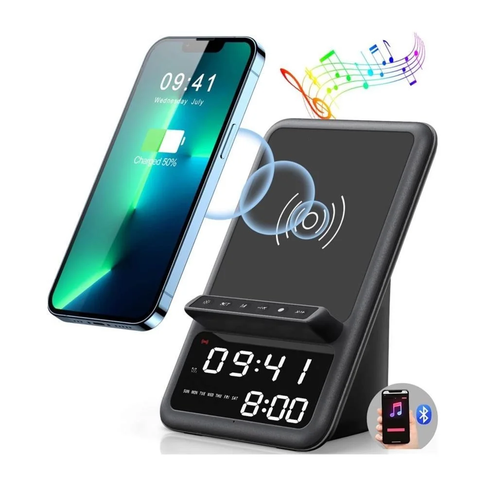 

Wireless Charging Station with Bluetooth Speaker and Alarm Clock, 4-in-1 Wireless Charger Compatible with 14 13 12 11 Pro Series