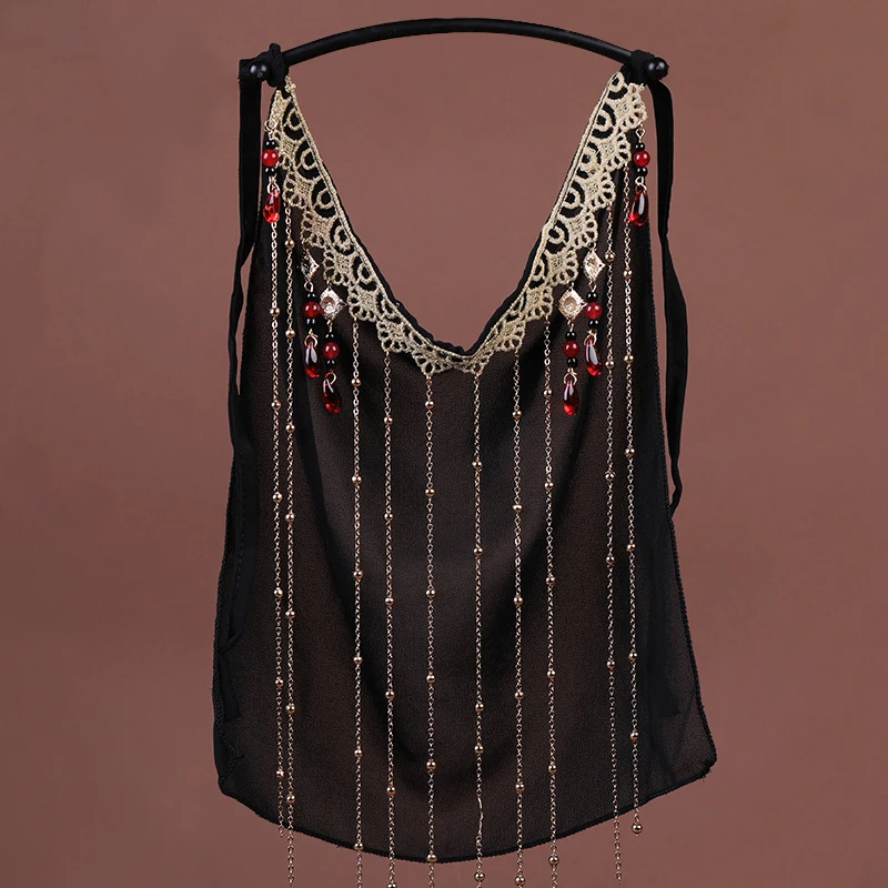 

Китайская вуаль Hanfu с кисточками, украшение для лица, черная шифоновая занавеска для лица, солнцезащитный крем, украшение для лица, мускусные украшения, индийский костюм