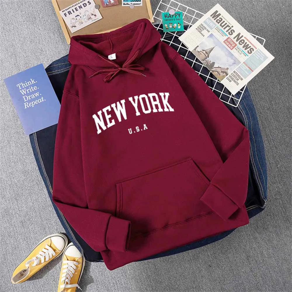 Men Women New York U.S.A City Hoodies Fashion Letter Printed Graphic Sweatshirts Loose Casual Harajuku Hooded Pullover Sportwear