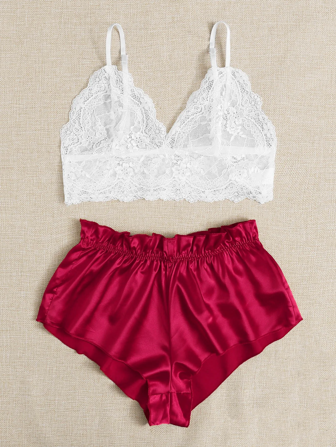 

Lace Lingerie Set for Women, White Bralette and Satin Shorts Sleepwear for Bridal Date Night Romantic Lounge
