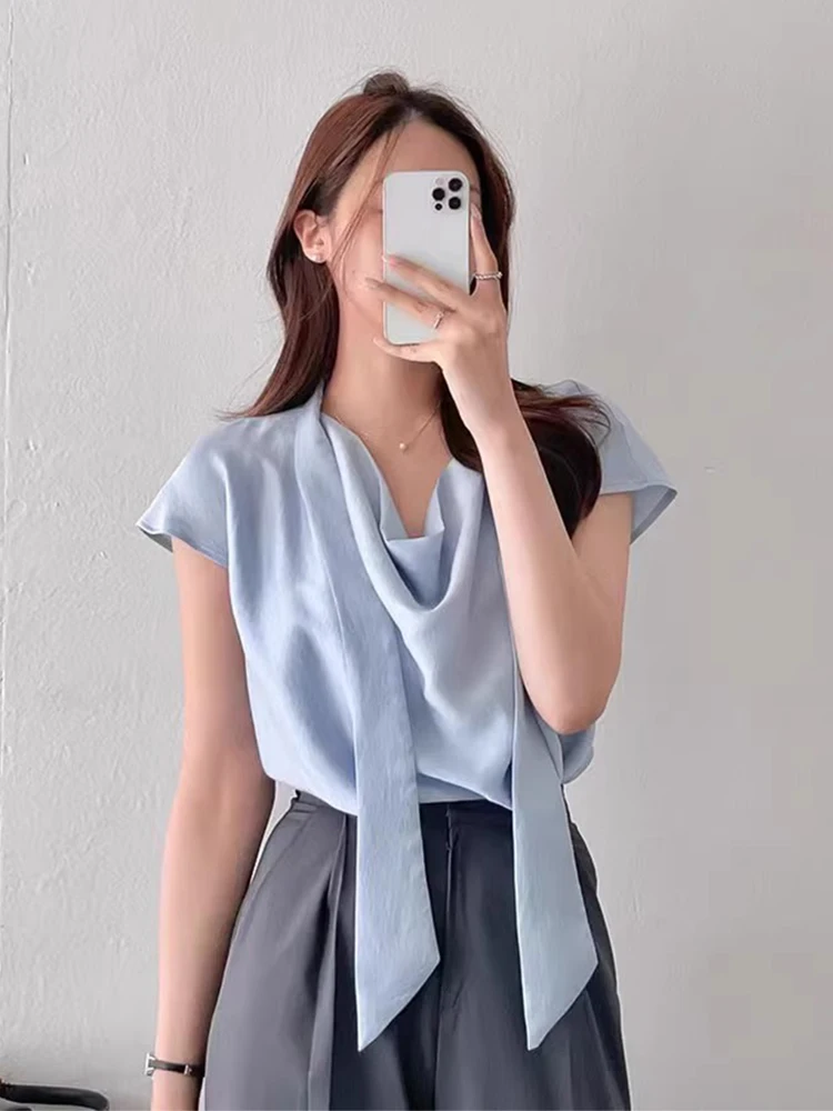 

Летняя женская блузка Ele с шелковистой поверхностью, свободного кроя, с пышным воротником, универсальная, шикарная, для повседневной носки, с коротким рукавом