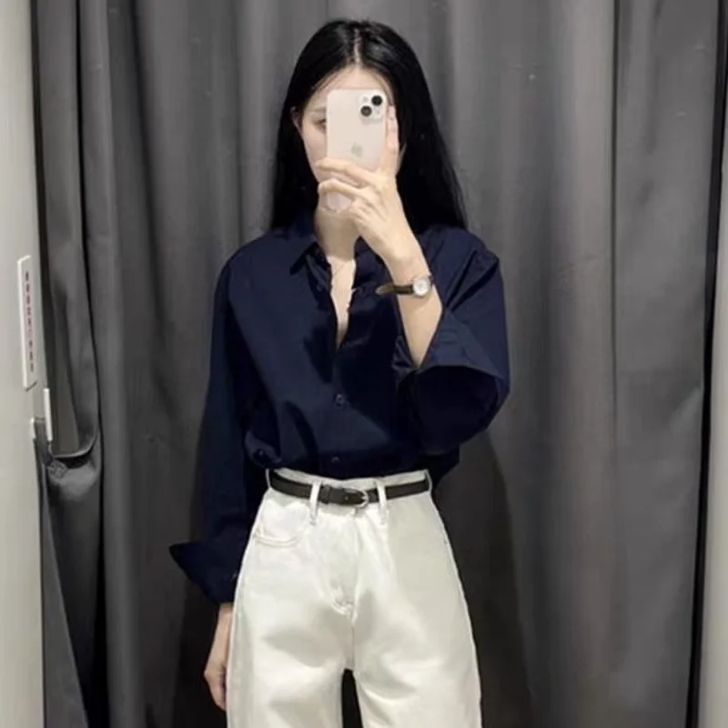 

Navy Blue Oversized Long Sleeve Shirt Women Elegant Layering Top