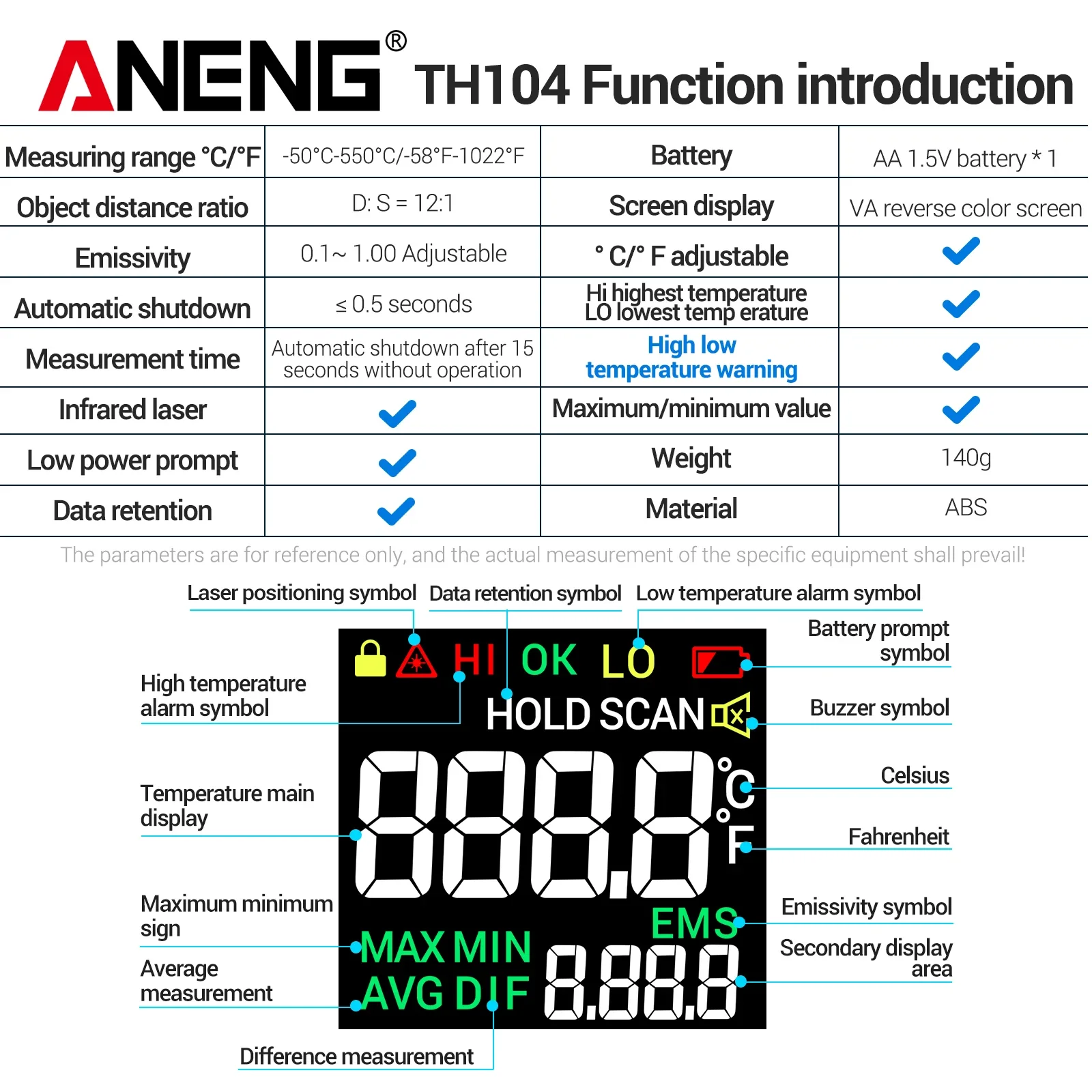 ANENG TH104 Infrared Thermometer -50~550℃ Ratio VA Reverse Screen High Low Temp Alarm Laser Data Hold Temperature Measuring Gun