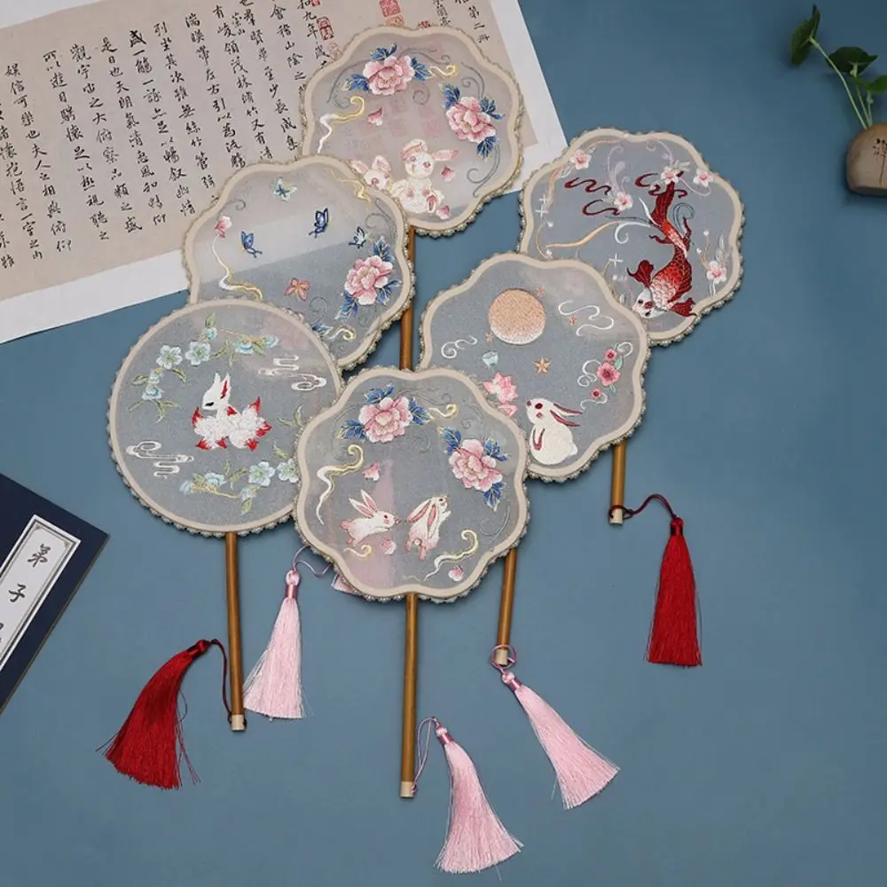 Classical Round Fan Vintage Embroidered Silk Fan Double Sided Semi-transparent Hand Fan Female Costume Hanfu Cheongsam