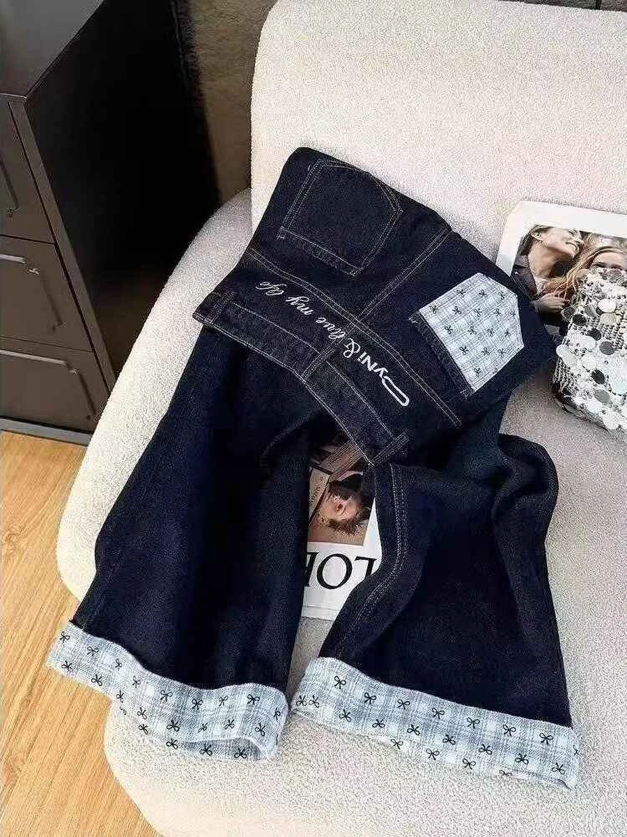 

Большие джинсы в клетку с бантом для женщин, осенние джинсы с высокой талией и вышивкой букв, темно-синие прямые широкие джинсовые брюки