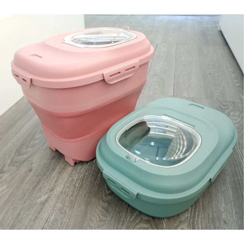 حاوية طعام كبيرة للكلاب قابلة للطي لتخزين طعام الكلاب والجرو وعجلة دلو وعلاج تخزين الحيوانات الأليفة وصناديق الطعام الجافة القابلة للتكديس