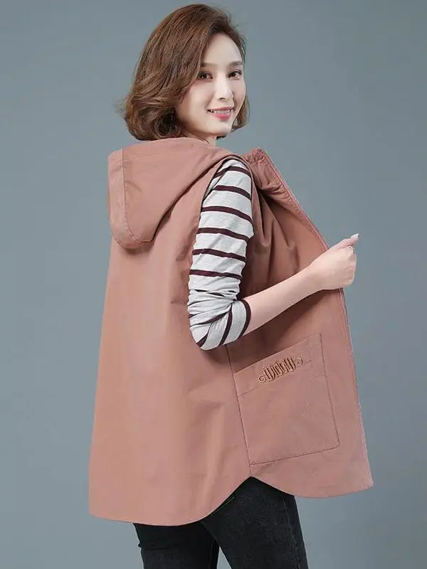 

Casual Women's Vest Jaet Hooded Mid-Length Spring Autumn Loose plus Size Versatile Vest Top Commute Sle Embroidered