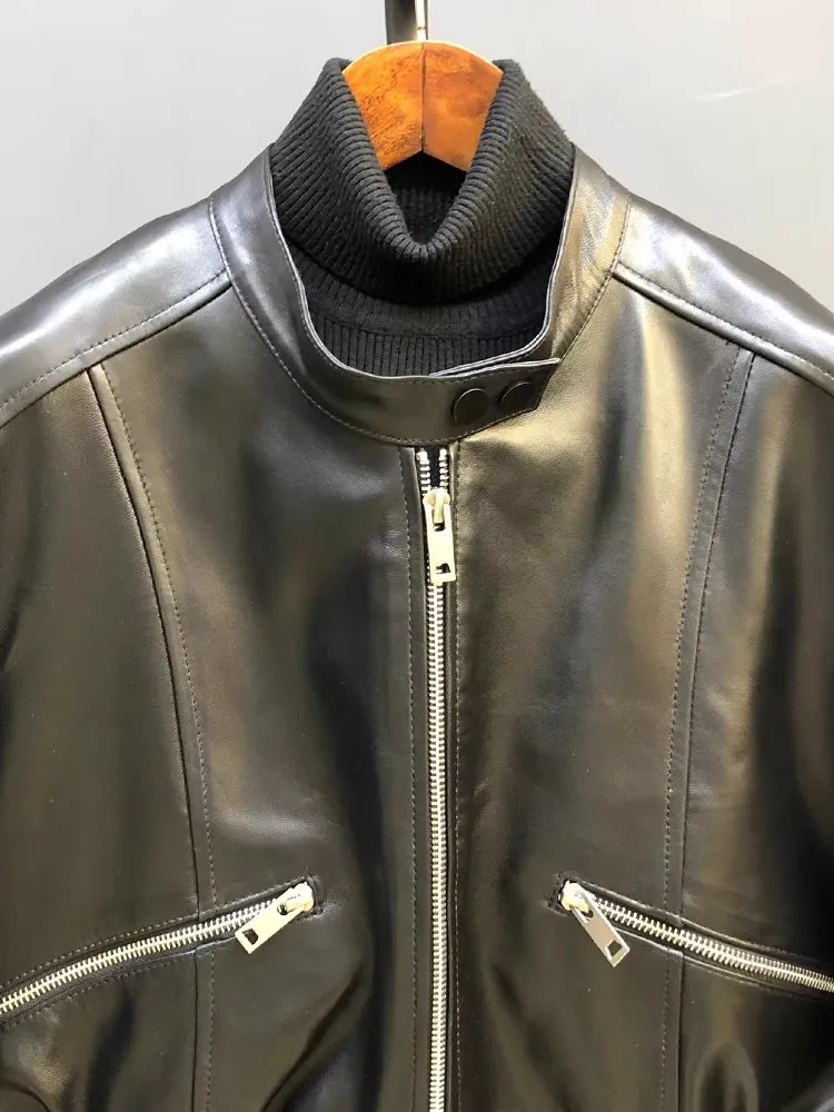 Punk Stijl Vrouwen Korte Schapenvacht Lederen Jas Rits Zakken Stand Kraag Herfst Motorfiets Winddichte Jas Streetwear