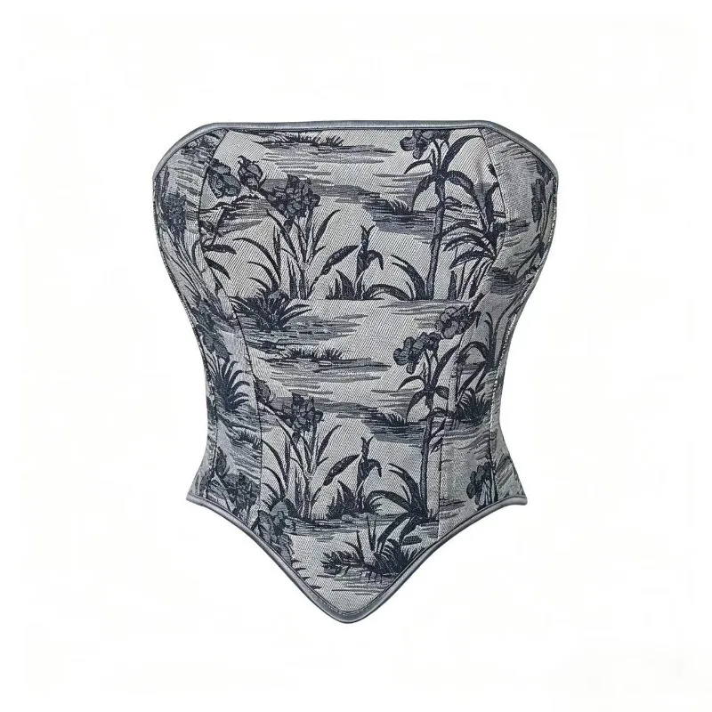 French Style Floral Corset Bustier Strapless Tube Top Women Vintage Print Boned Slim Fit Backless Crop Top Vest
