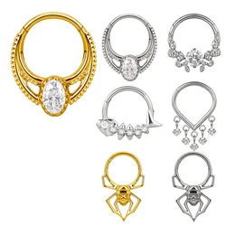 ASTM F136 Titanium EAR PIERC Fan-shaped and side CZ Ring Hoop Nose Rings Hinged Clicker Earring Labret Tragus Ring Body Piercing