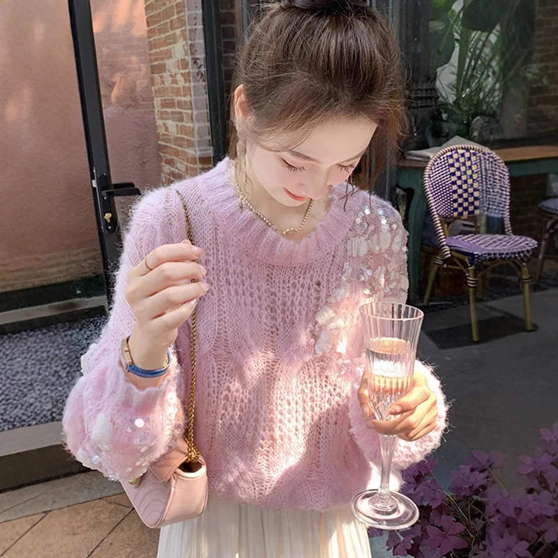 

2026 New Arrival Women's Gentle Style Sweater Sequin Mohair Short Petite Hollow Out Knit Top for Spring, Fall & Winter