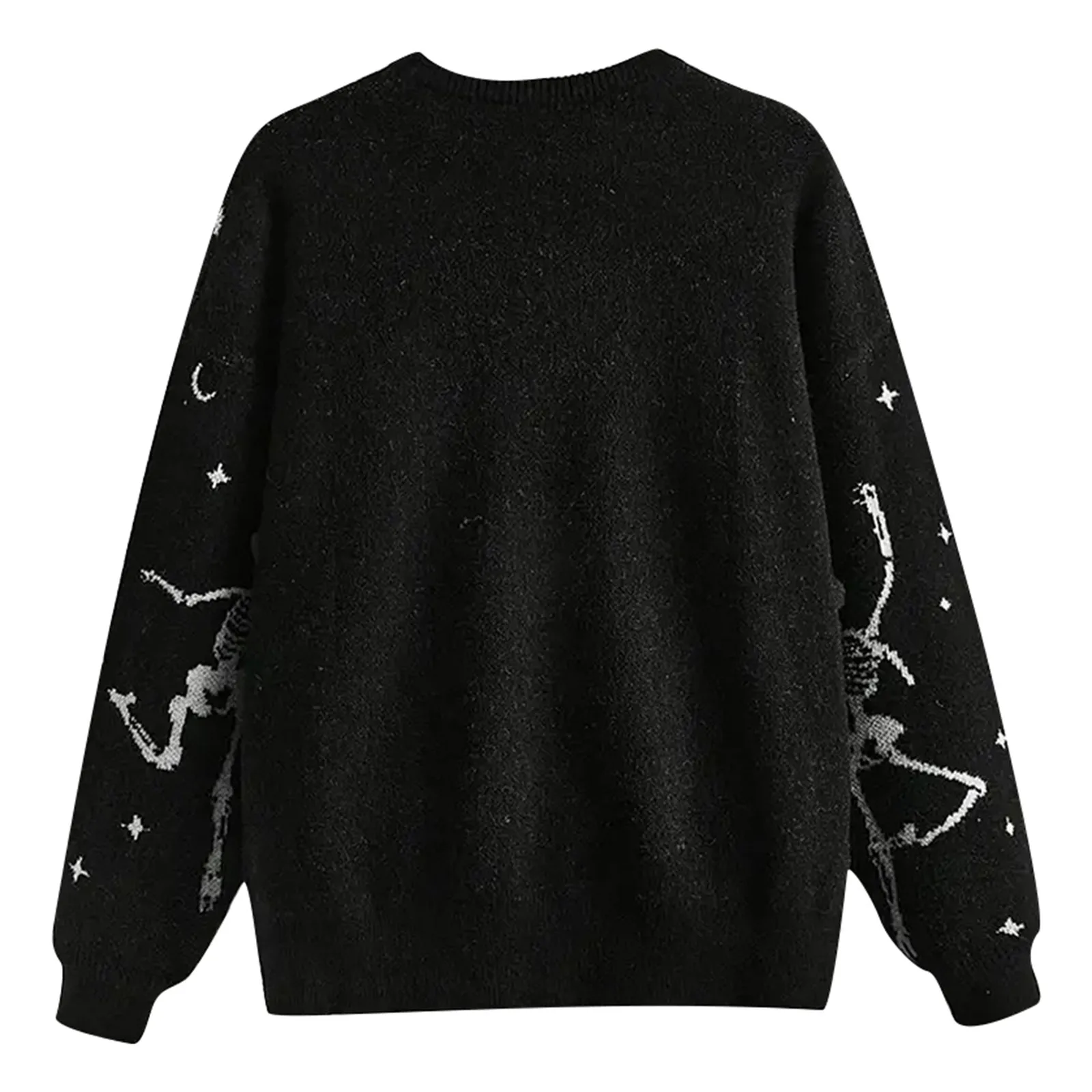 Unisex Halloween Black Knit Sweater Pullover Cozy Festive Wear Shaggy Sweaters Loose Fit Skull Print Funny Jumpers Women