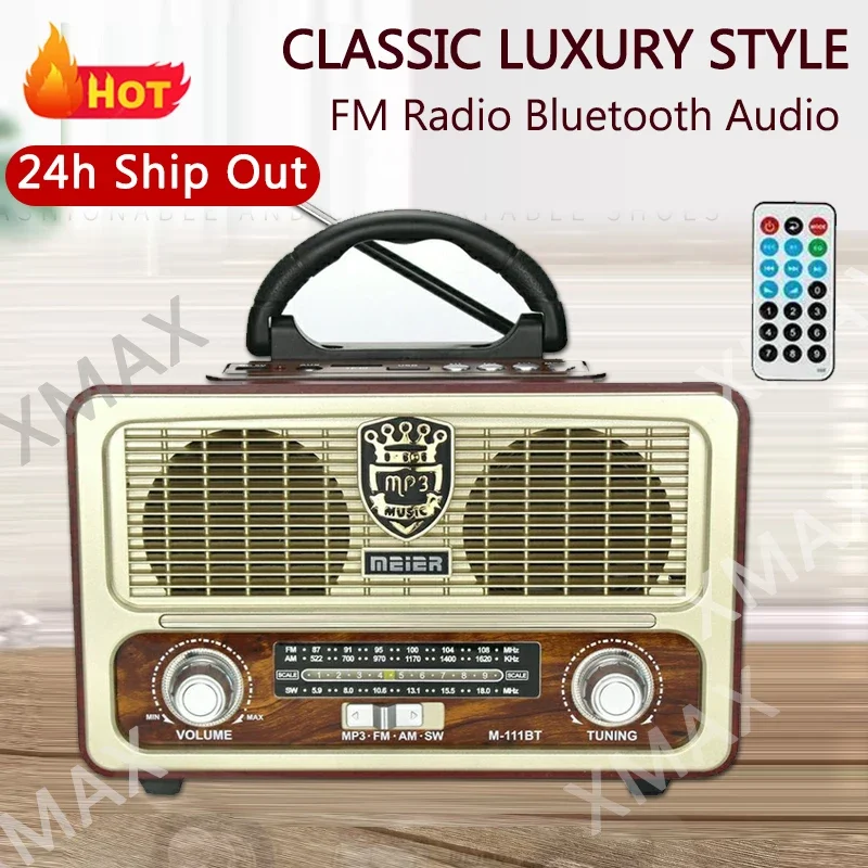 Retro Wireless Bluetooth Speaker Radio Outdoor FM Radio USB TF Card AUX MP3 MUSIPlayer