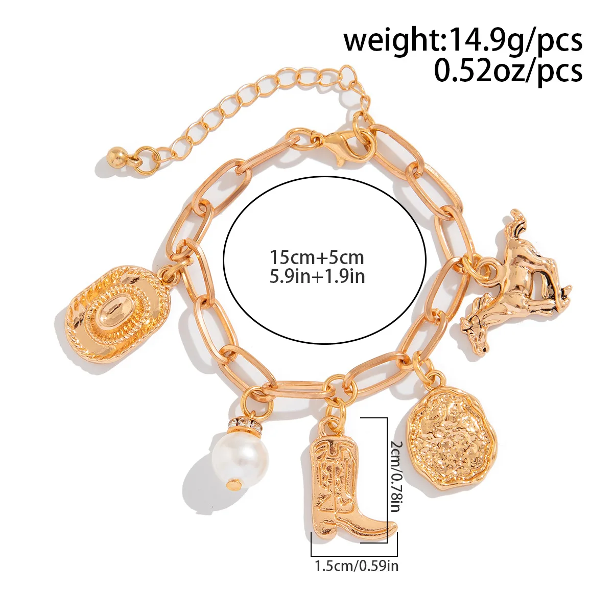 INS Style Multielement Cowboy Boots Alloy Pendant Bracelets for Women Irregularity Imitation Pearl Bangle Couple Jewelry Gifts