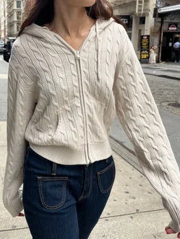 Twisted Flower Sweter z dzianiny Kobiety Jesień Długi rękaw Kaptur Zamek błyskawiczny Krótki płaszcz Streetwear Moda Swetry Y2K Tops