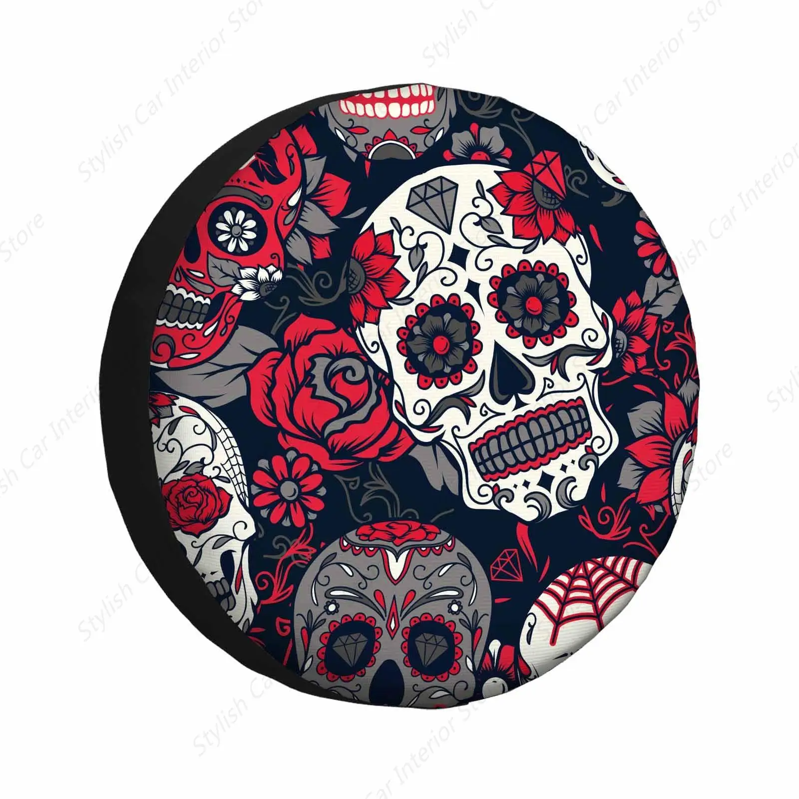 Skull Spare Tire Cover Day of the Dead Colorful Sugar Skull with Floral Ornament Flower Weatherproof Universal Wheel Protector