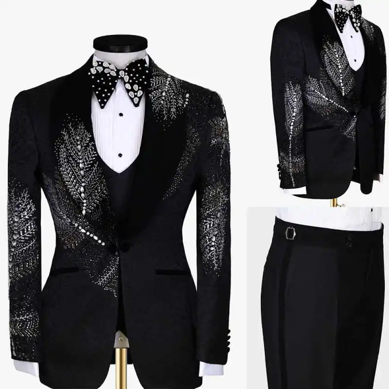 

Luxurious Crystals Men Suits Shawl Lapel One Button Jacket Blazers Classic Fit Prom Male Party Customized Outfits