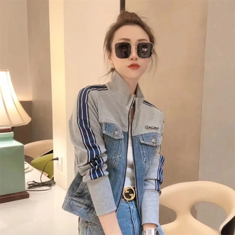 2024 New Spring Autumn Vintage patchwork Denim Jacket Women\'s Korean Slim zipper Short Standing Collar Long Sleeved Jeans Top