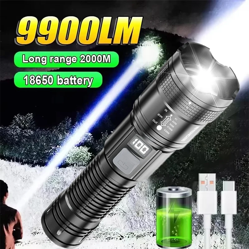 Ultra Bright LED Flashlight 2000LM Type-C Rechargeable Long Range Zoom Tactical Torch Outdoor Emergency Camping Fishing Lantern