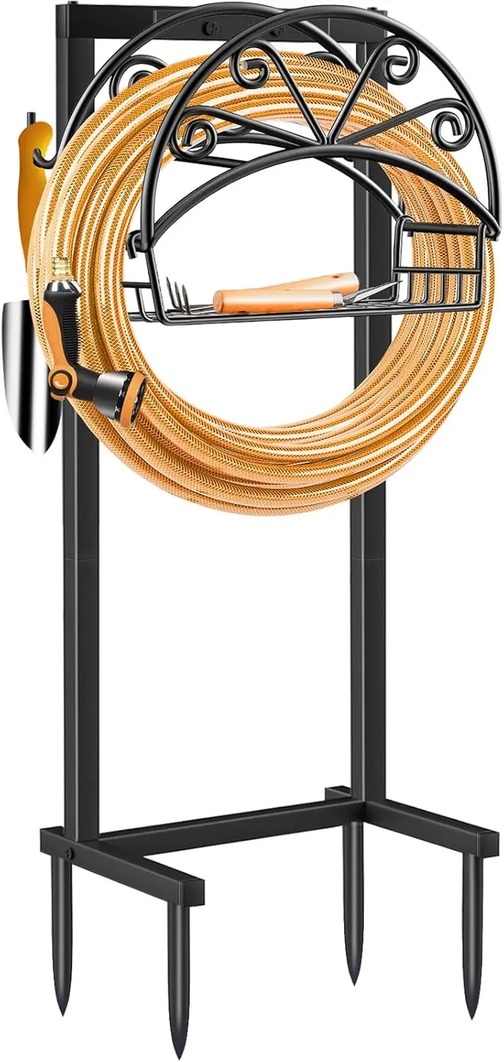 

Heavy Duty Garden Hose Holder with Storage Basket and Tool Hooks, Freestanding Organizer for Up to 160ft Hoses in Yard