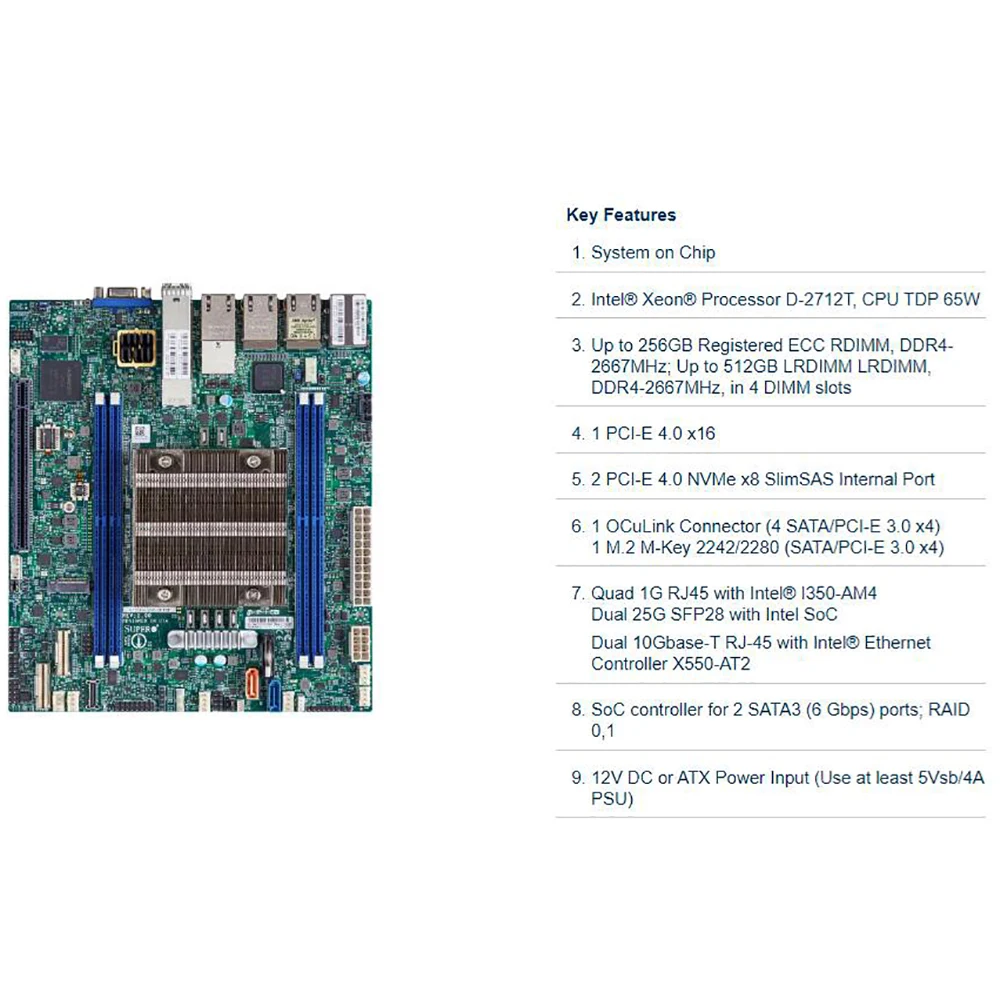 มาเธอร์บอร์ด X12SDV-4C-SPT8F ใหม่สำหรับโปรเซสเซอร์ supermini Xeon D-2712T DDR4 PCI-E 4.0 SATA3 Micro-ATX