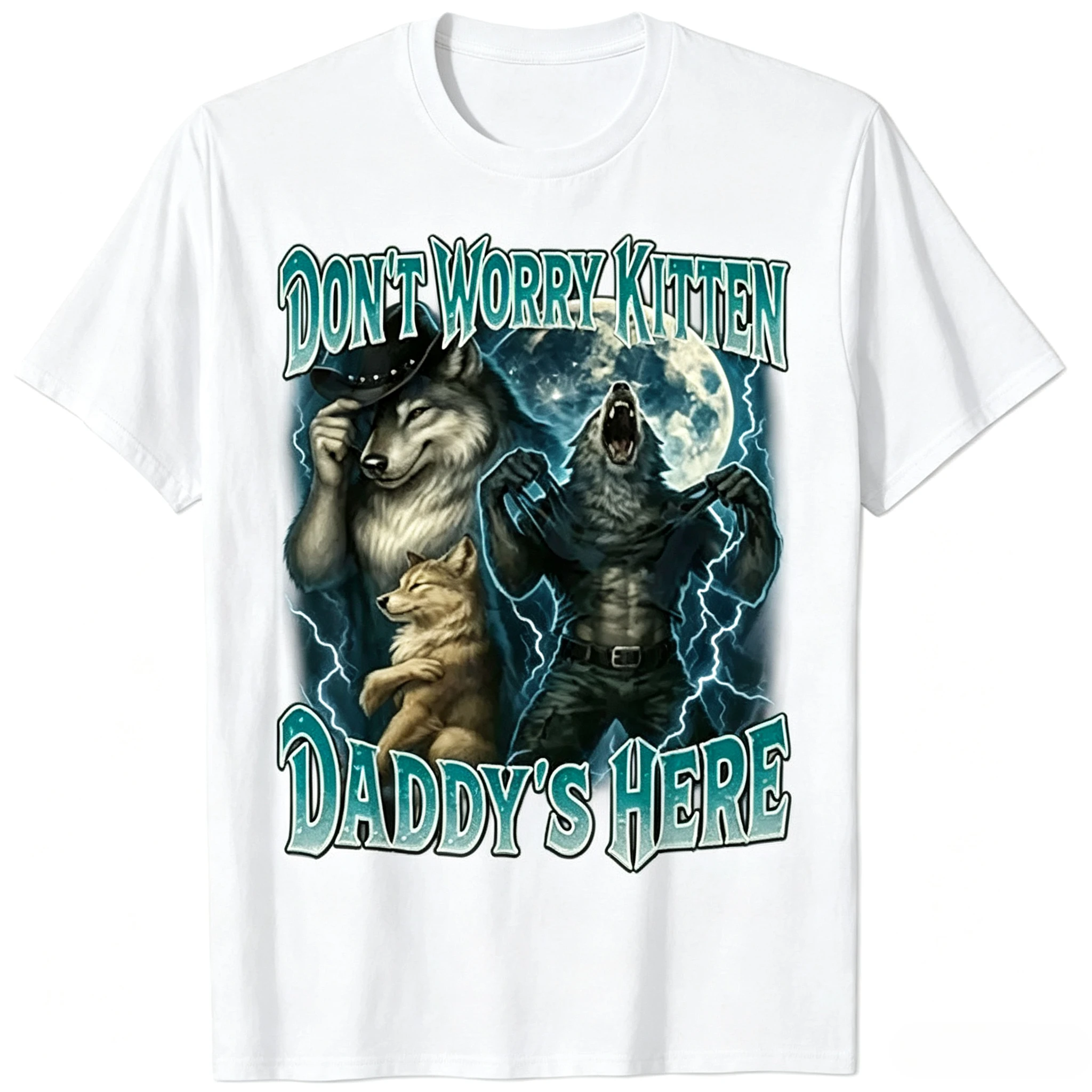 Don't Worry, Kitten Dad Is Here Cool Fun Alpha Wolf Meme T-shirt Men's Fashion Piracy Y2k Retro Ironic Proverb T-shirt Novelty