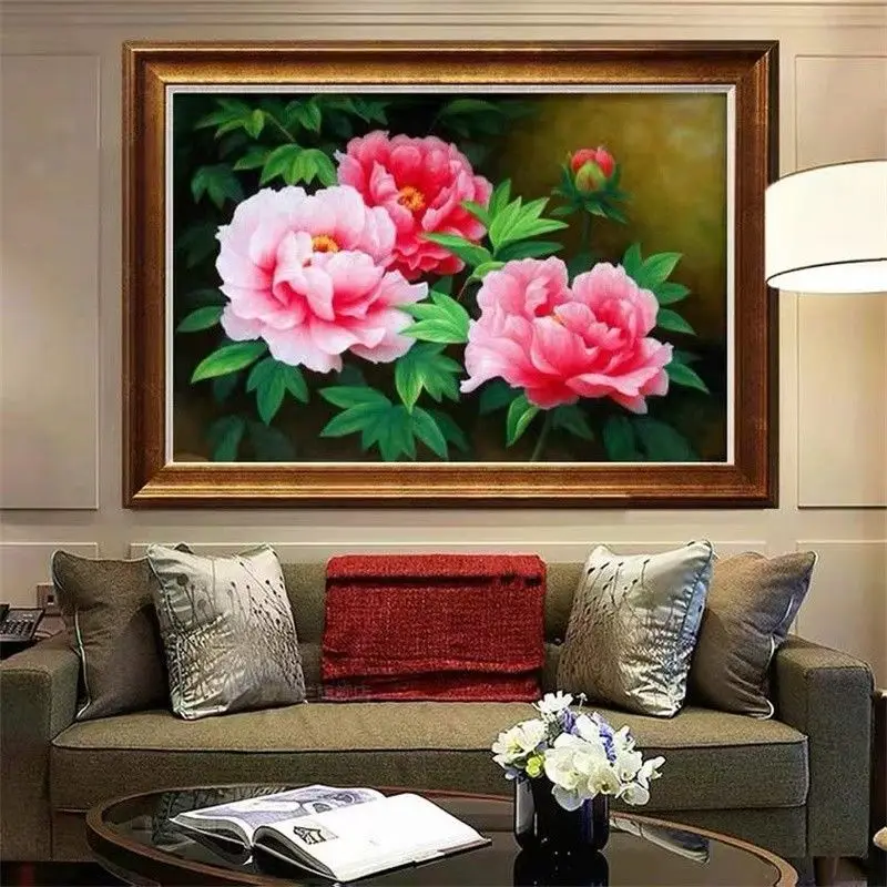 Handmade cross stitch finished product with blooming flowers, rich and prosperous peonies, living room, bedroom flowers, new