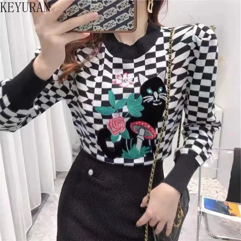 Vintage Cartoon Cat Embroidery Sweater Women\'s Pullover Autumn Winter Puff Sleeve Plaid Kawaii Sweaters Jumper Knitwear Crop Top