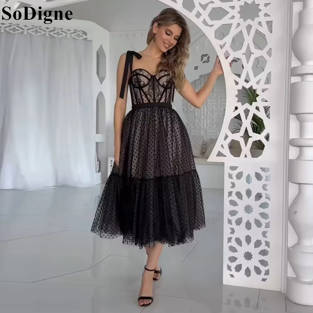 

SoDigne Elegant Black Dot Tulle Evening Dresses A-Line Bow Spaghetti Strap Pleated Party Dress Tea Length Prom Gowns Customized