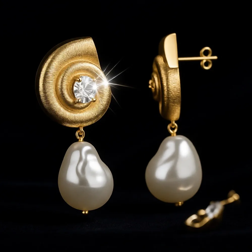 

Позолоченные серьги из стерлингового серебра с жемчугом и фианитами в форме морской ракушки для женщин