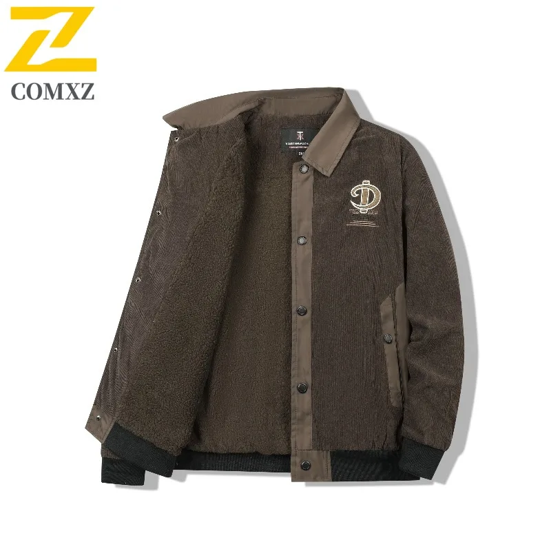 

COMXZ 2025 мужское пальто на флисовой подкладке, свободная посадка, повседневная осенняя рубашка, вельветовая рабочая одежда с вырезом на воротнике, куртка, весенне-зимняя мода