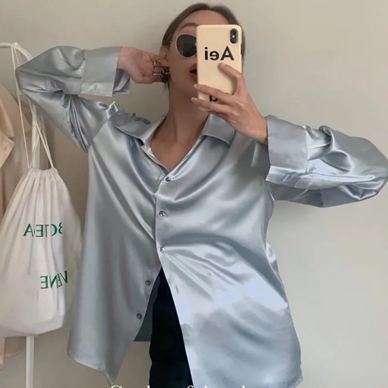 Lucyever Women Long Sleeve Satin Shirt 2024 Spring New Casual Loose Fake Silk Blusas Ladies Vintage Streetwear Buttons Blouse