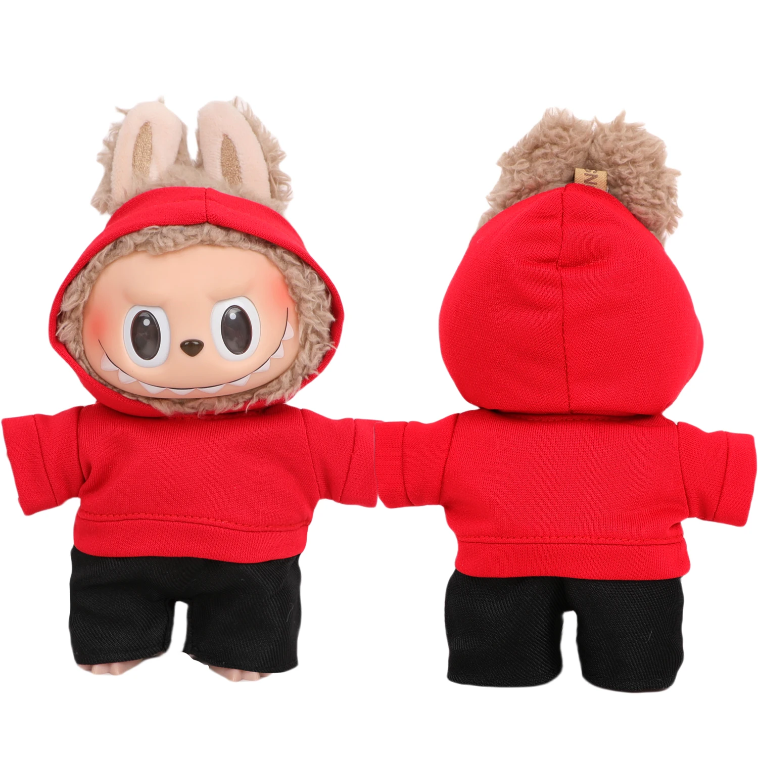 17cm Labubu Doll Clothes Suit Red Hoodie+Black Shorts Outfit For V1 V2 Labubu Girl Dolls Toy Cotton Dolls Accessories