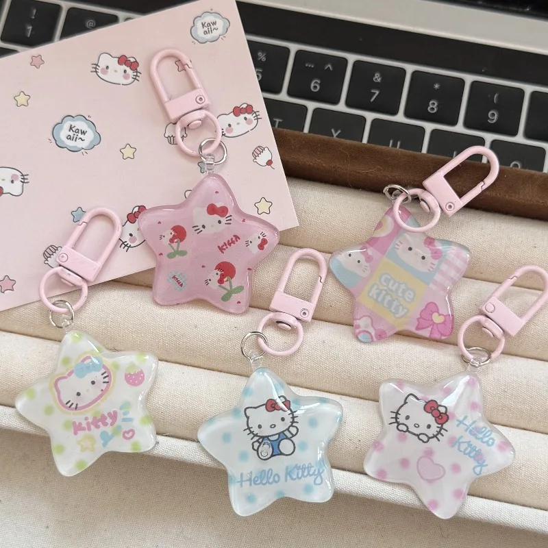 

Kawaii Hello Kitty Keychain Cute Cartoon Transparent Jelly Pentagram Decoration Travel Women Supplies Student Gift Wholesale