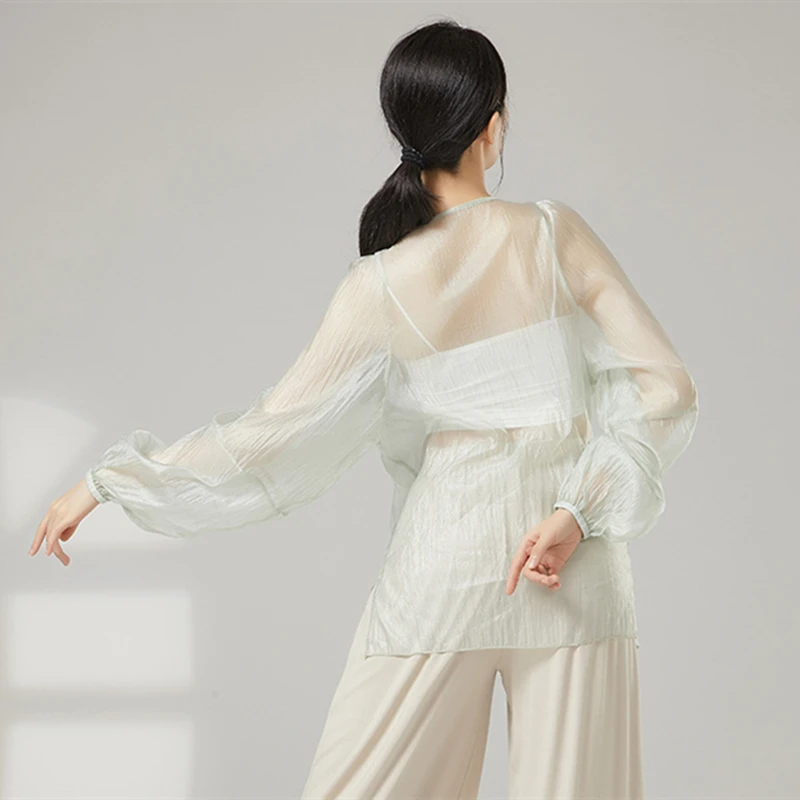 Modern Dance Top Damen Smock Langarm V-Ausschnitt Gaze Shirt Folk Performance Sheer Floating Bands Tied Lyrica Trainingskleidung